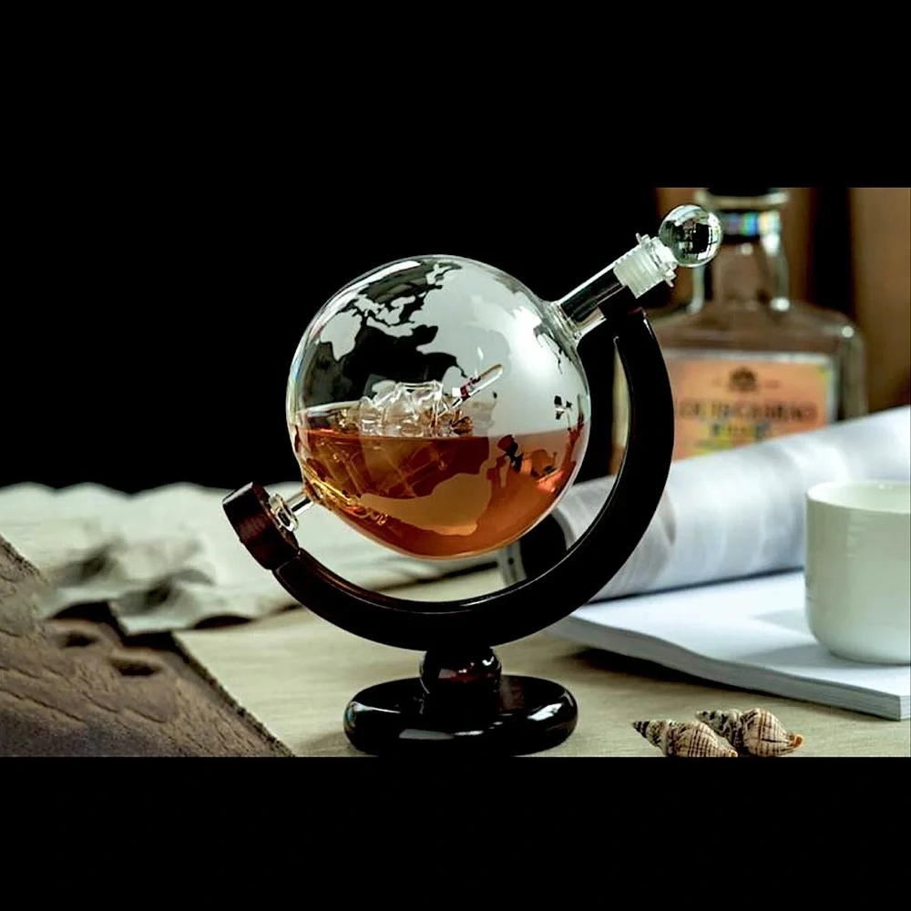 NWB World Globe Crystal Glass Decanter with Antique Glass Ship Inside — 30oz
